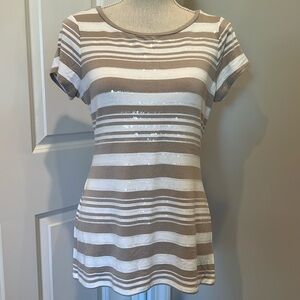 INC tan and white striped T SHIRT WITH SEQUINCE